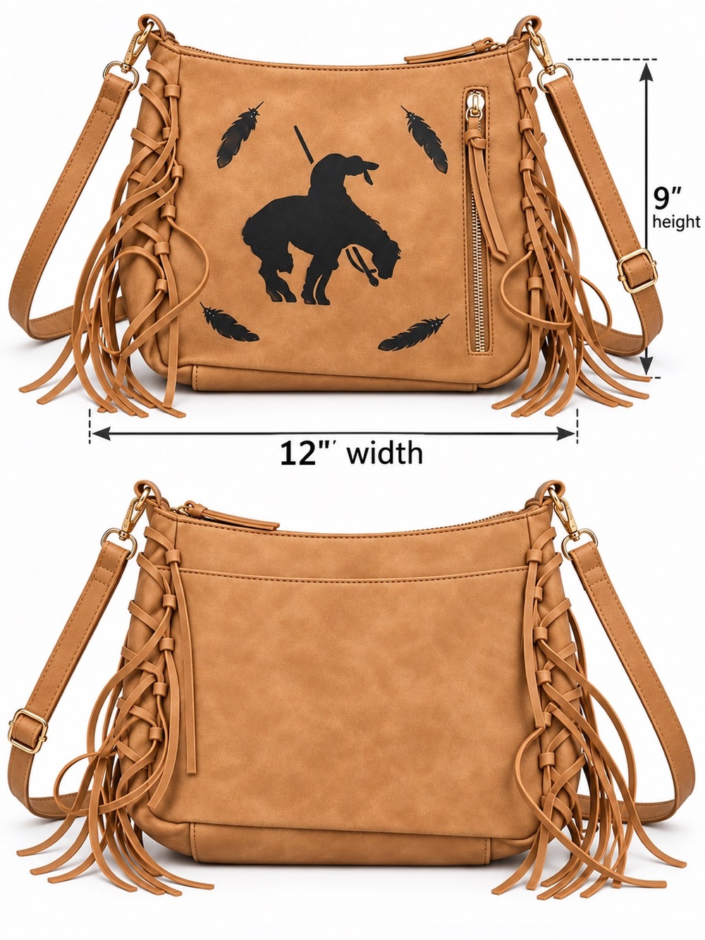 Western Fringe Crossbody Bag Horse Print Tan 100% Polyurethane